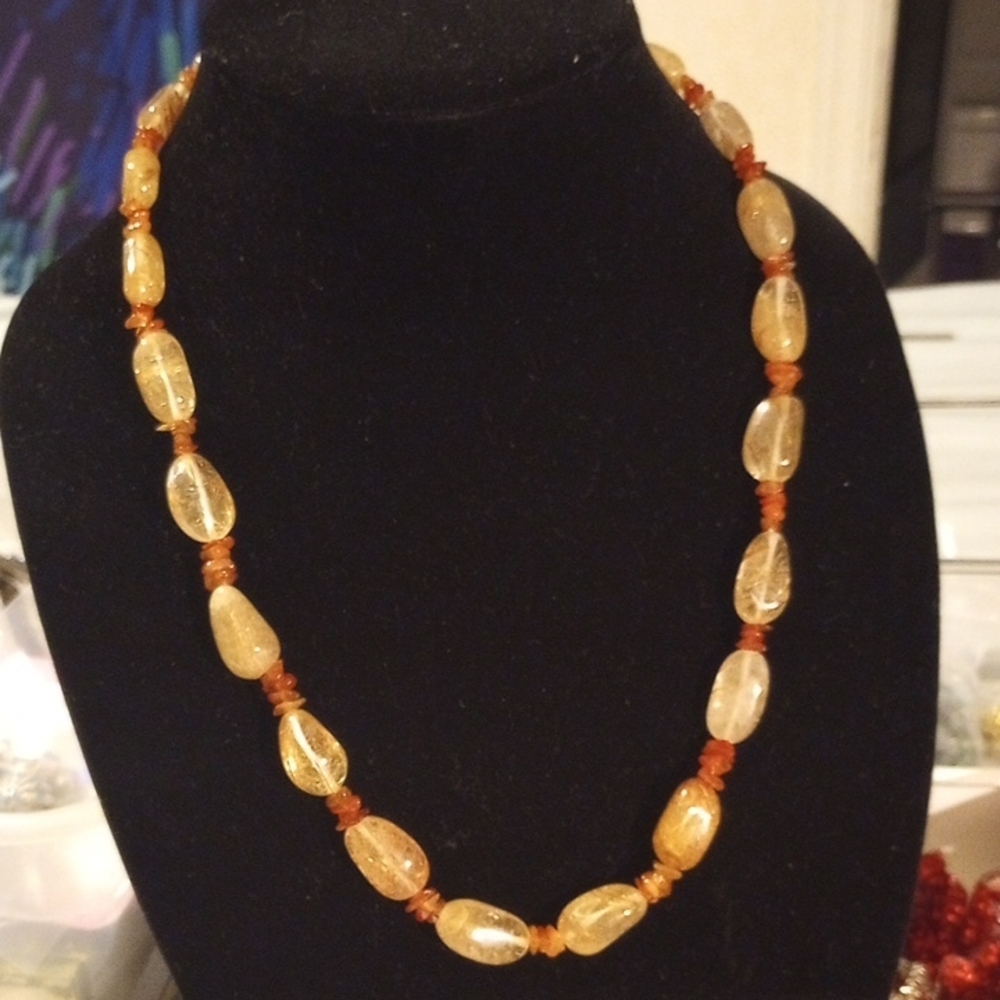 Rutilated Quartz Nugget , Accents With Carnelian Chip Artisan Necklace